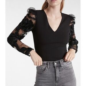 Express Floral Lace Puff Long Sleeve Thong Bodysuit Black V Neck Blouse Sz S